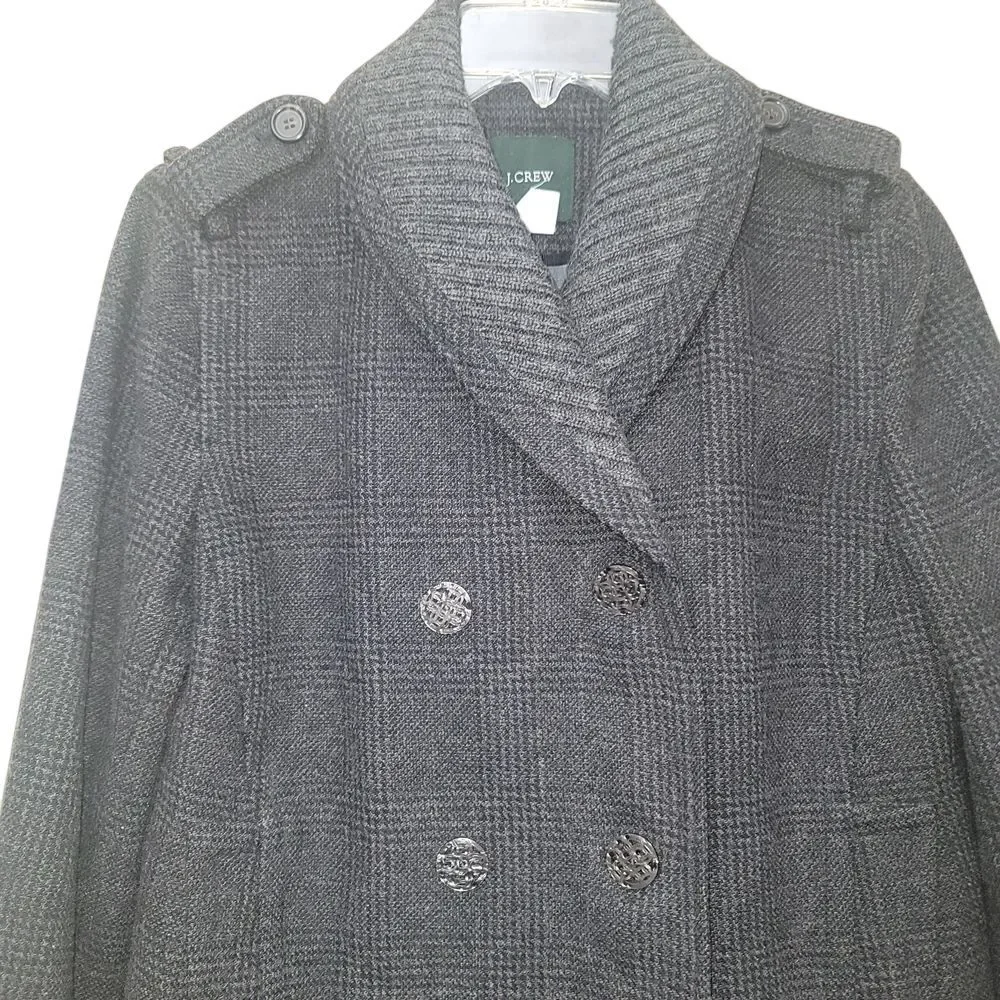 J Crew 6 Plaid Peacoat Wool Blend Shawl Collar Gray Office Fisherman‎ Winter Y2K - Picture 3 of 8